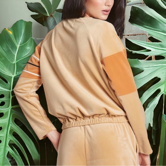 ⭐️HP NWT Juicy Couture Luxe Velour Raglan V Neck Sweater Beachwood Tan Large - Picture 4 of 12